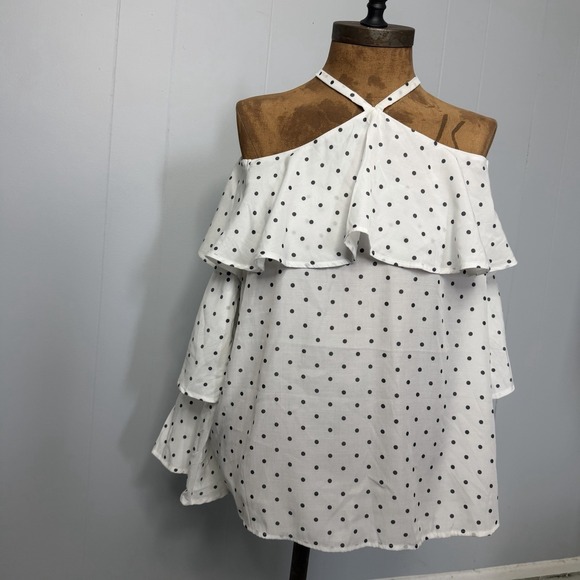 Express Top Womens Size M White Polka Dot Off The Shoulder Long Sleeve Boho - Picture 2 of 8
